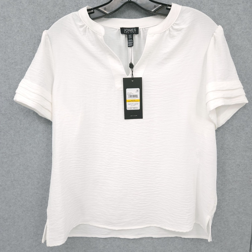 Jones New York Short Sleeve Raglan Popover White V Neck Blouse Women Size PM NWT